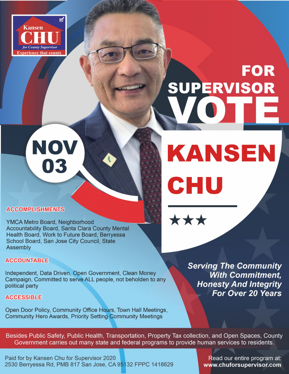 VOTE FOR KANSEN CHU FOR SUPERVISOR ON NOVEMBER, 3, 2020